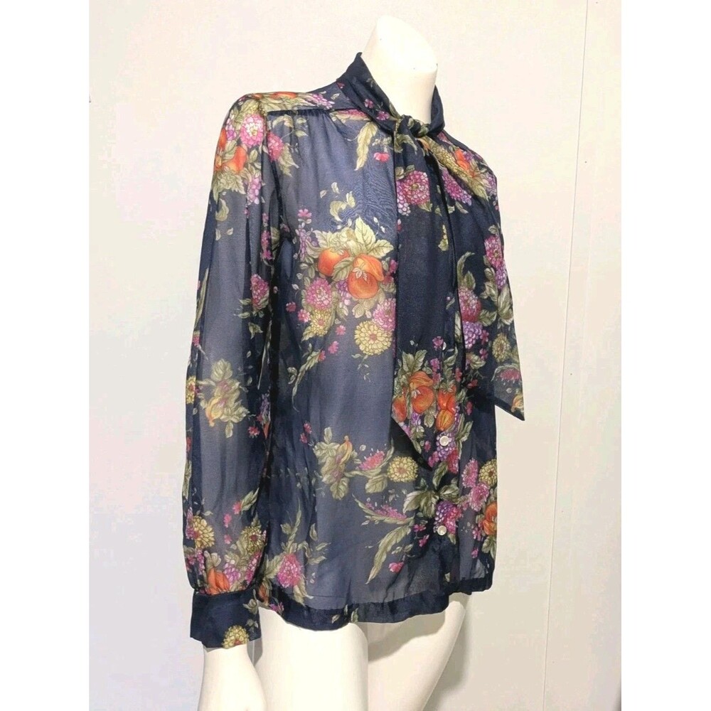 Vintage 70s Sheer Blue Fruit Floral Tie Neck Blouse Hollywood Nylon L/S B42 M/L